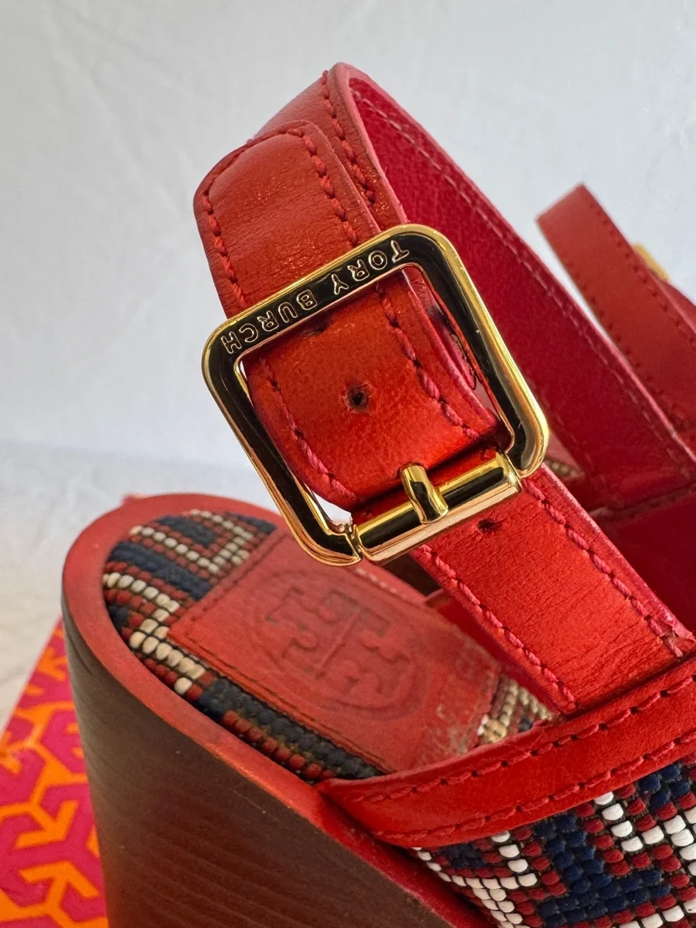 Tory Burch Red High Wedge Beaded Sandals with Gold Buckles